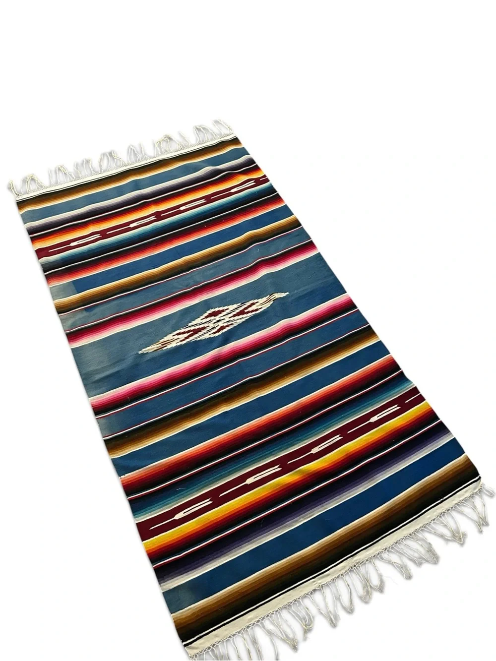 MCM Vintage Handwoven Blue Striped Mexican Serape Wool Blanket - Multi-Color